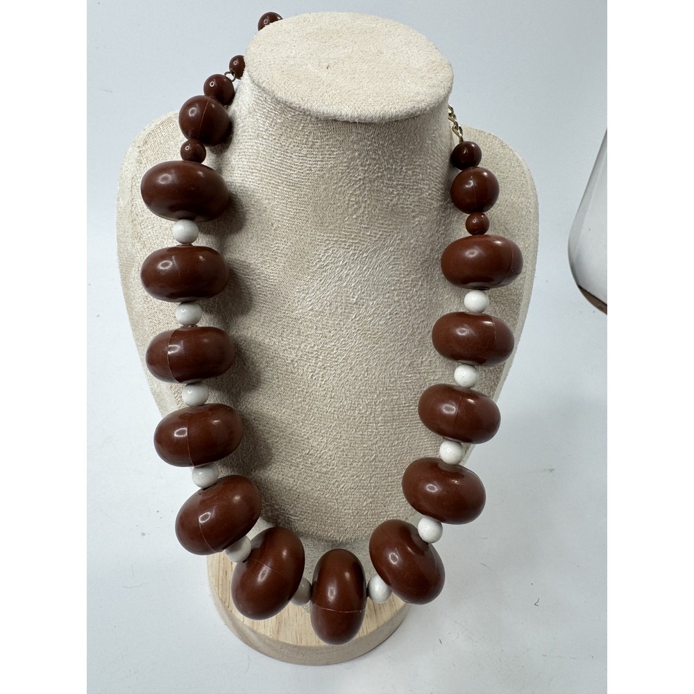 Vintage Chunky Brown and White Bead Statement Necklace Gold Tone Adjustable 18in